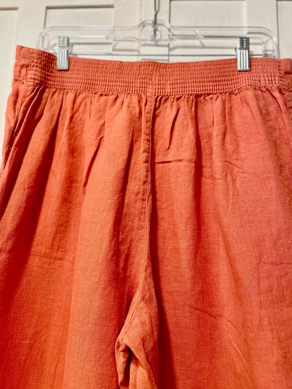 Tahari 100% Linen Coral Orange Wide Leg Crop Pants Elastic Back Waist Size L - Picture 6 of 9
